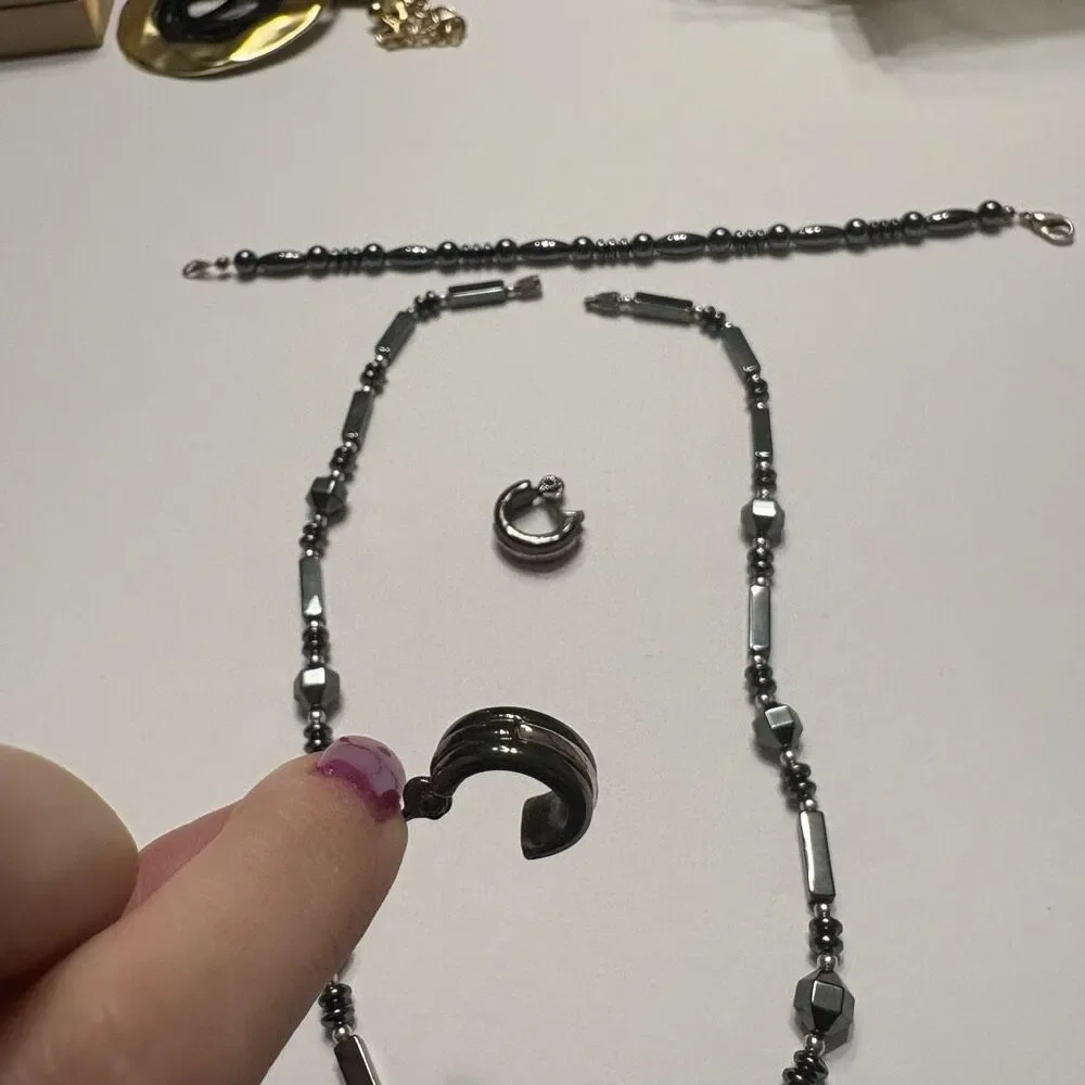 Women Hematite Style Beaded Necklace Beaded Bracelet and Small Clip on Earrings